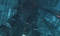 Futuristic virtual sci fi city. Many high sky scrapper building towers.