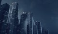 Futuristic virtual sci fi city. Many high sky scrapper building towers.