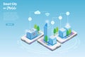 Futuristic virtual smart city buildings on smart phone screen. Intelligent buildings using cloud computing and wireless innovation