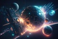 futuristic virtual world technological cyber space with planets and satellites