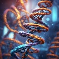 a futuristic vision of a DNA double helix, illustration, with a blurred background and complementary colors Royalty Free Stock Photo