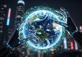 AI Robotic Hands Holding a Digital Earth Globe with Global Network Communication and Future Technology Royalty Free Stock Photo