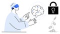 Futuristic Visionary Interacting with Brain Model, Locked Security Symbol, and Virtual Coins Royalty Free Stock Photo
