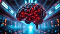 A futuristic visual illustration of a human brain glowing bright red, depicting intense neuronal activity Royalty Free Stock Photo