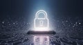 Robust Digital Security System: Glowing Padlock Protecting Data on a Microchip for IT Professionals and Businesses. Royalty Free Stock Photo