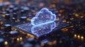 Futuristic visualization of cloud computing technology featuring a digital cloud icon hovering over an illuminated circuit board Royalty Free Stock Photo