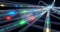 Abstract network of glowing fiber optic cables transmitting data in a digital tunnel Royalty Free Stock Photo