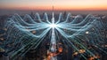 Digital data streams flow from a central tower across a sprawling city skyline at twilight creating waves Royalty Free Stock Photo
