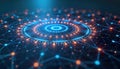 Futuristic visualization of interconnected blockchain networks. Complex digital network structure with glowing nodes, lines. Royalty Free Stock Photo