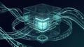 Futuristic visualization of quantum computer with swirling lines of encrypted data, shimmering and abstract, deep navy and teal Royalty Free Stock Photo