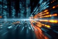 Futuristic visualization of streaming digital data streams in glowing orange and blue lights representing high-speed information Royalty Free Stock Photo