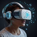 Futuristic VR Design Featuring Headset, AI Robots, Data Points, and 3D Digital Models Royalty Free Stock Photo