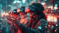 A futuristic VR headset user exploring a virtual reality world with dynamic glowing holograms and cybernetic interfaces Royalty Free Stock Photo