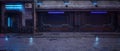 Futuristic wall and doorway with neon lights in a downtown city street at night. Cyberpunk concept panoramic 3D illustration