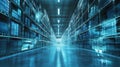 Futuristic Warehouse Aisle with Neon Blue Technology Royalty Free Stock Photo