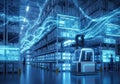 Futuristic warehouse with automated forklift and digital data streams blue light Royalty Free Stock Photo