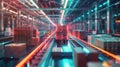 Futuristic warehouse with digital data visualization on boxes