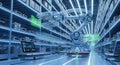 Futuristic warehouse with holographic displays and automated robots signifying advanced logistics and technology Royalty Free Stock Photo