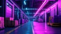 Futuristic warehouse interior with vibrant neon lighting and stacked boxes Royalty Free Stock Photo