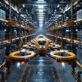 Futuristic warehouse scene with delivery drone. Modern logistics automation technology for business