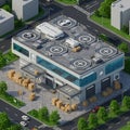 Futuristic warehouse structure with a flat rooftop featuring multiple helipads. Drones Royalty Free Stock Photo