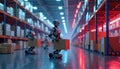 Futuristic warehouse tech robots carry boxes. Automated logistics in neon lit environment. Advanced tech, efficient delivery