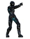 Futuristic Warrior with guns, young woman in a black uniform, 3d illustration Royalty Free Stock Photo