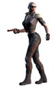 Futuristic warrior woman with gun, white background, 3d illustration