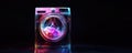 Futuristic washing machine design with glowing effects and transparent body, copy space for text