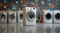 Futuristic washing machine with digital overlay design