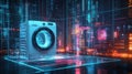 Futuristic washing machine showcased with holographic data visualizations and innovative design