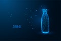 Futuristic water bottle. Glowing polygonal style on blue background. Hydration, energy drink concept