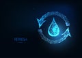 Futuristic water recycling, refresh concept with glowing low polygonal water drop and recycle symbol Royalty Free Stock Photo