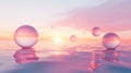 Floating Spheres Reflect the Sunset Over Calm Water Surface Royalty Free Stock Photo