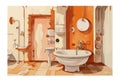 Futuristic watercolor drawing bathroom interior. Walls with paint creeks and spots, cracks and pipes. Simple grunge