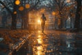 Futuristic wearable fitness tracker being used by a jogger in a city park at dawn. The device projects holographic data displays