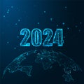 Futuristic 2024 web banner with 2023 digits and planet Earth map on dark blue background.