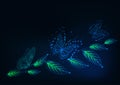 Futuristic web banner template with glowing low polygonal butterflies and green leaves on dark blue