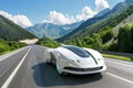 Futuristic white concept car on mountain road, sleek, aerodynamic design
