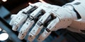 A Futuristic White Cybernetic Hand with Sleek Design for Advanced Robotics Human Augmentation and Technology Innovation Projects Royalty Free Stock Photo