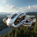 A futuristic white elliptical urban passenger drone flying over a picturesque lake, forest and mountains. VTOL electric