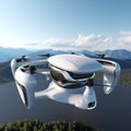 A futuristic white elliptical urban passenger drone flying over a picturesque lake, forest and mountains. VTOL electric