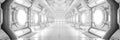 A futuristic white hallway with circular lights and windows, AI