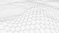 Futuristic white hexagon background. Futuristic honeycomb concept. Wave of particles. 3D rendering Royalty Free Stock Photo