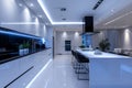 Futuristic White Kitchen with LED Lighting and Integrated Smart Appliances. This sleek image features a modern, high Royalty Free Stock Photo