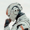 futuristic white and orange robot in thoughtful pose with detailed mechanical design and sleek modern technology elements Royalty Free Stock Photo