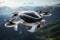 Futuristic white passenger drone flying over the picturesque lake, forest and mountains. Electric Vertical Take Off and