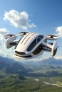 Futuristic white passenger drone flying over the picturesque lake, forest and mountains. Electric Vertical Take Off and