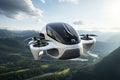 Futuristic white passenger drone flying over the picturesque lake, forest and mountains. Electric Vertical Take Off and