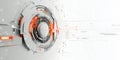 Futuristic white and red digital interface with circular HUD elements and intricate geometric patterns